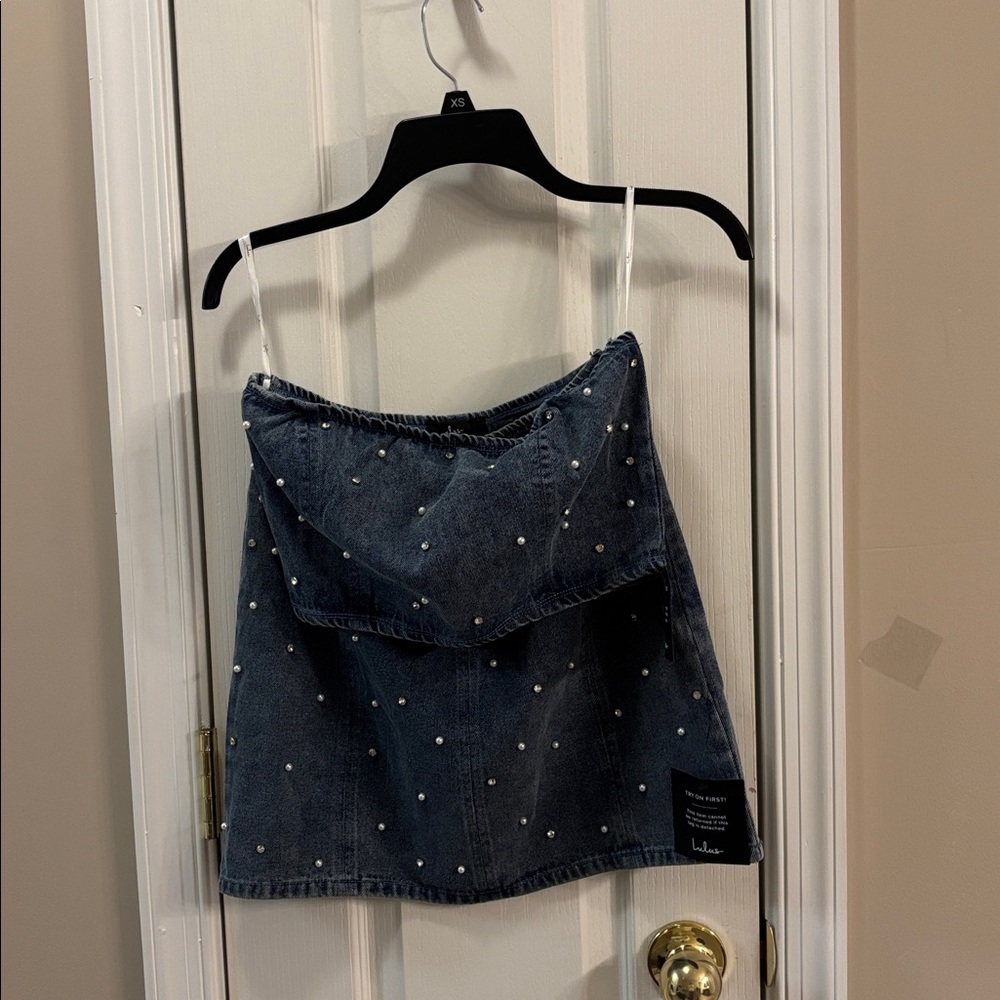NWT Lulus Blue Denim Pearl Embellished skirt set size small